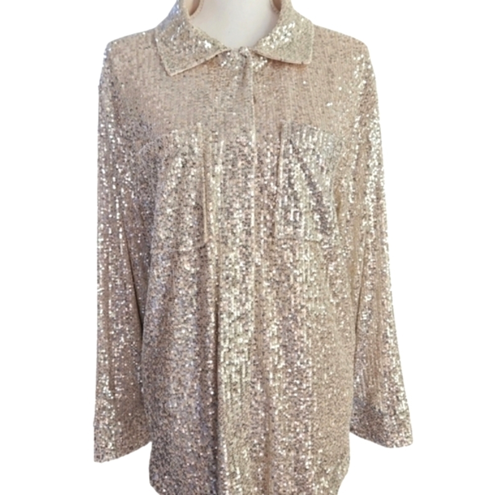RUBY RD SEQUIN SHIRT JACKET SZ M WHITE GOLD - Picture 2 of 11